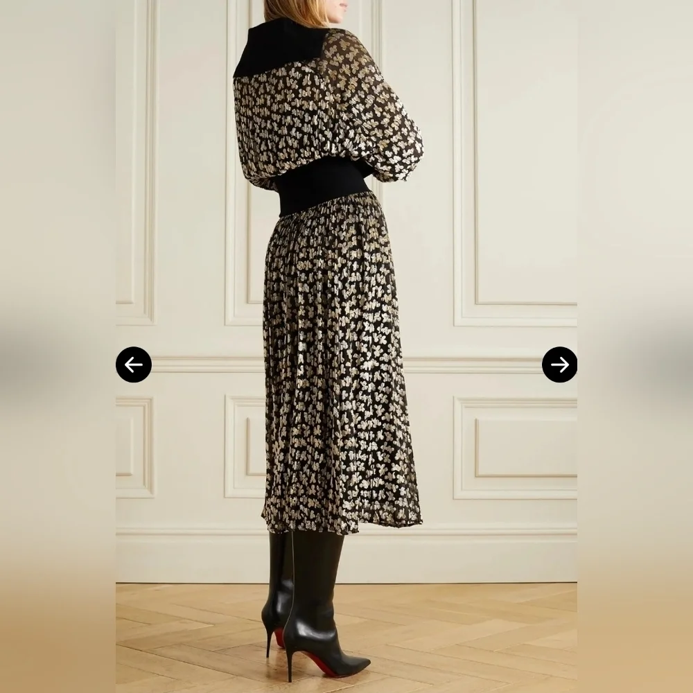 Tory Burch Tan and Black Pleated Long Sleeve Dress